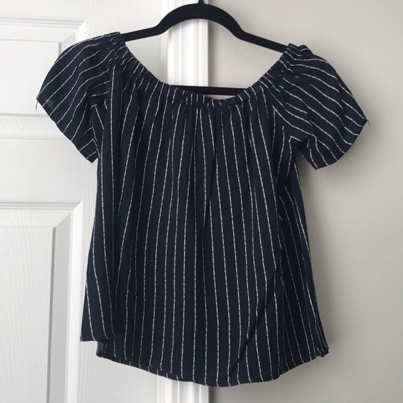 Tops - Off the Shoulder Pinstripes Blue Top